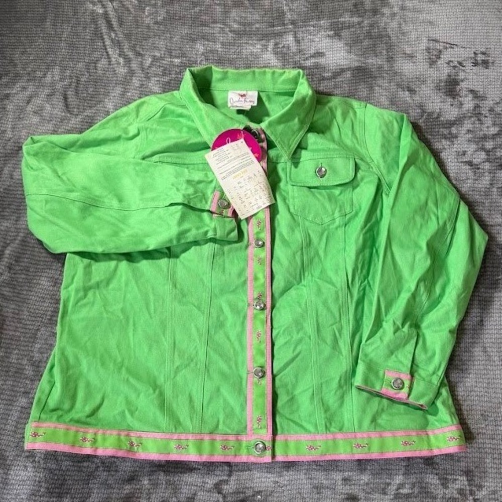 Quacker Factory Lime Green Whale Embroidered Rhinestone Button Jacket NWT 1X